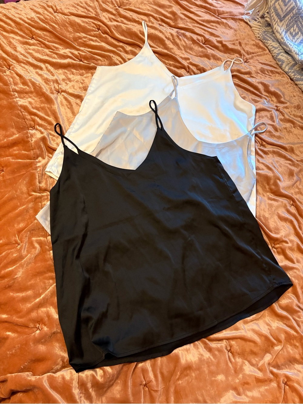 3 Women's V-Neck Satin Cami Tank Top - Black, Silver & White
